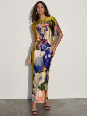 ZARA Satin Abstract Print Midi Dress One Shoulder Batwing Sleeve Multicolor Sz L